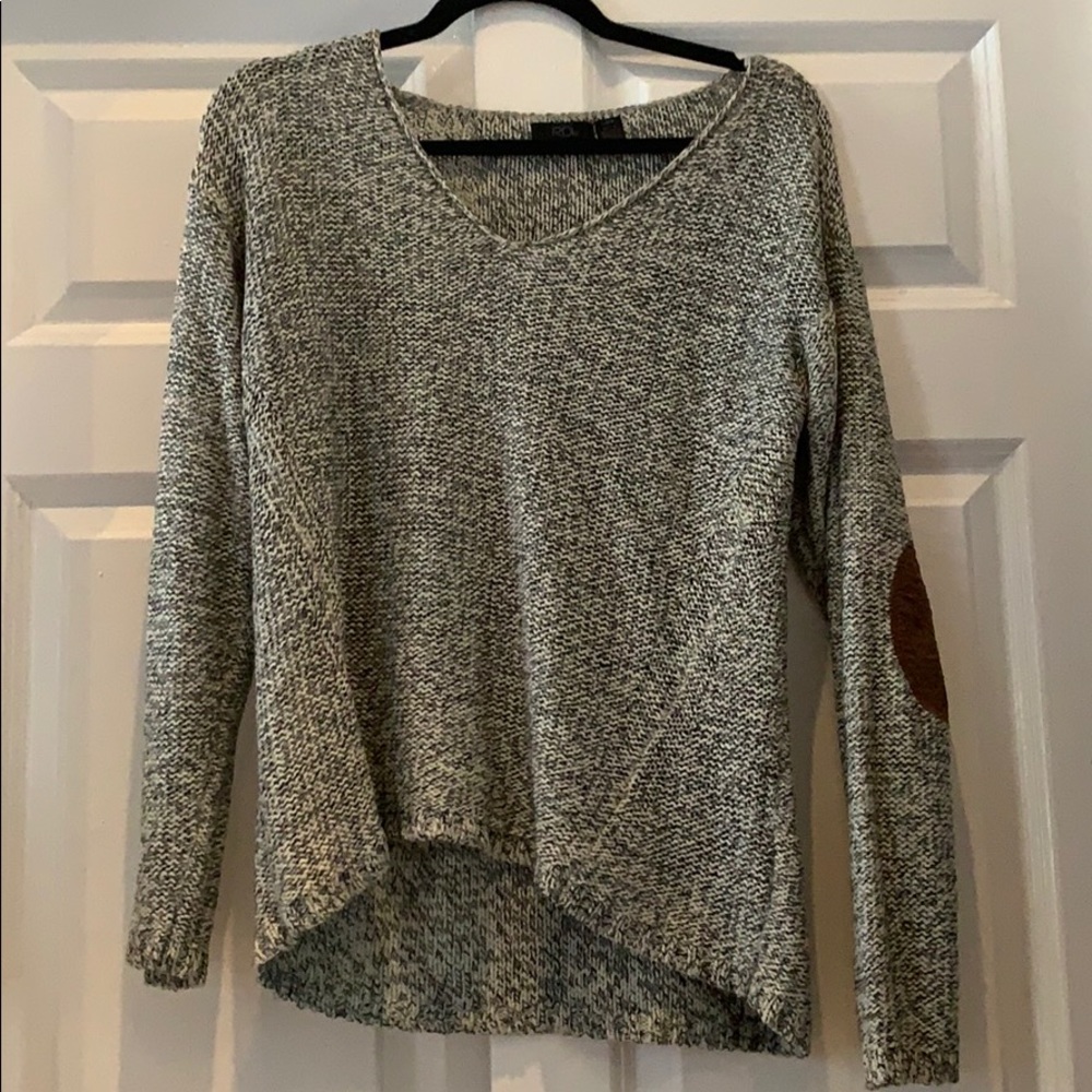 Grey woven sweater with brown elbow patches